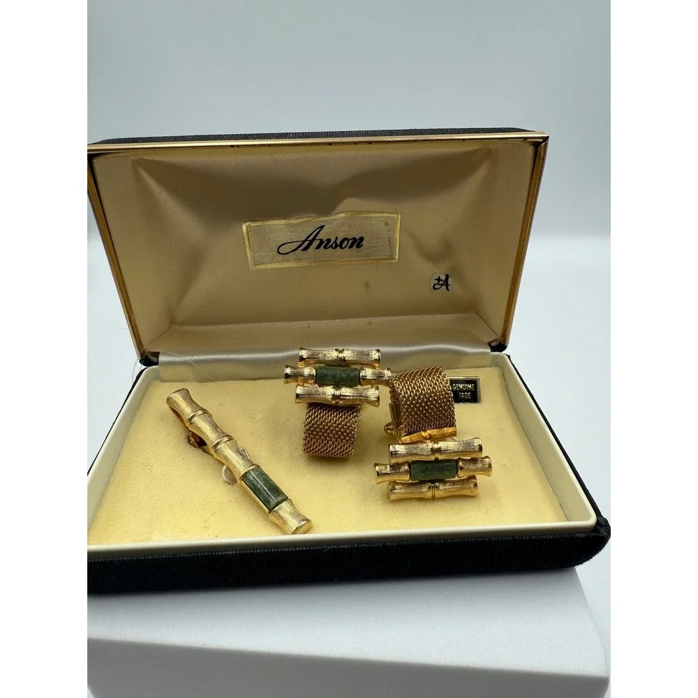 Vintage Anson Bamboo Genuine Jade Cufflinks and Tie Clip Set Gold Tone Mesh Box